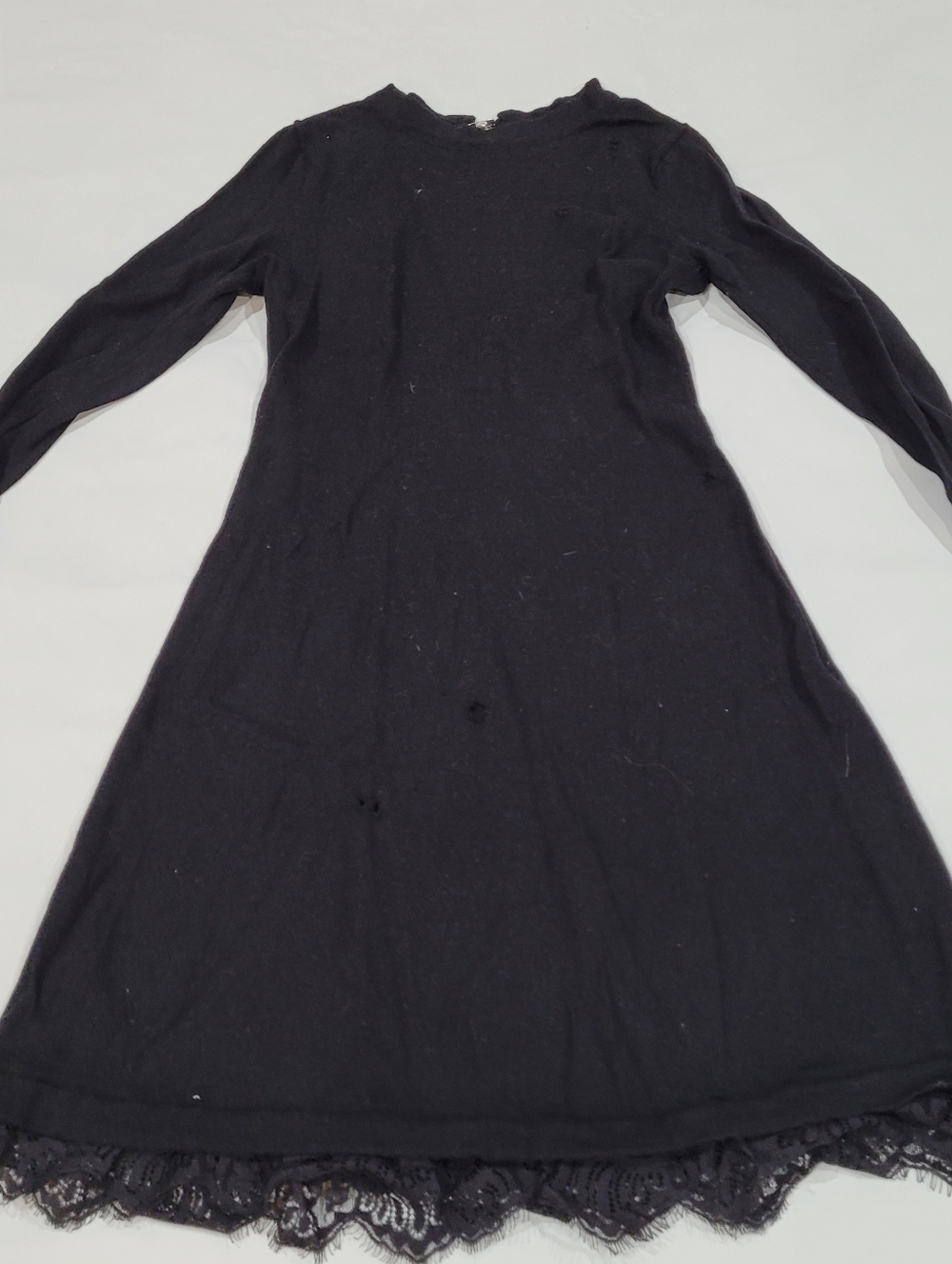 Adrienne Vittadini Black Merino Wool Long-Sleeve A-Line Dress with Lace Trim